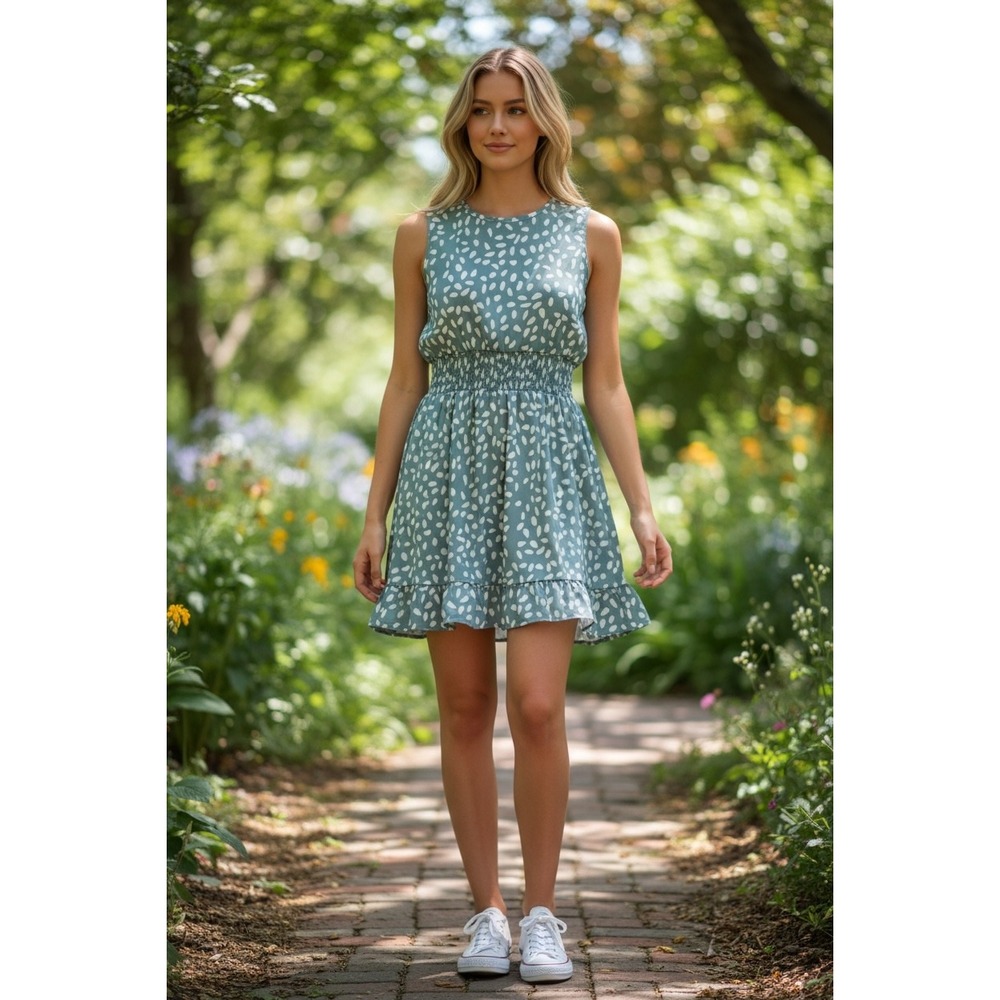 Green/Blue and White Midi Dress